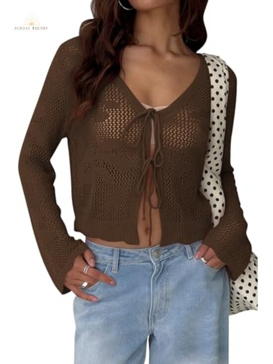 Sweaters - Crochet Cardigan Tie Front Bell Sleeve Open Knit Sweater